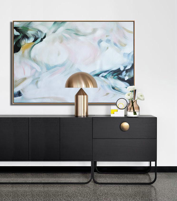Original Artwork Extra Large Abstract Painting,Oversized Horizontal Abstract Art,Modern Wall Decor,White,Pink,Black,Green.etc
